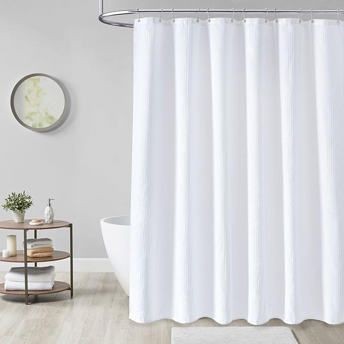 Dynamene Extra Long Fabric Shower Curtain - Waffle Weave 90 Inches Long Heavy Duty Cloth Shower Curtains for Bathroom, 256GSM Tall Hotel Luxury Bath Curtain Set with 12 Plastic Hooks(72Wx90H, White)