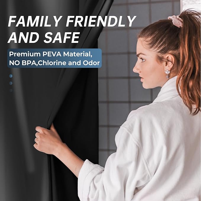 AmazerBath Plastic Shower Curtain Liner, 72 x Inches EVA 8G Heavy Duty Black Waterproof Weighted Thick Bathroom with 3 Clear Weights and 12 Rustproof Grommet Holes