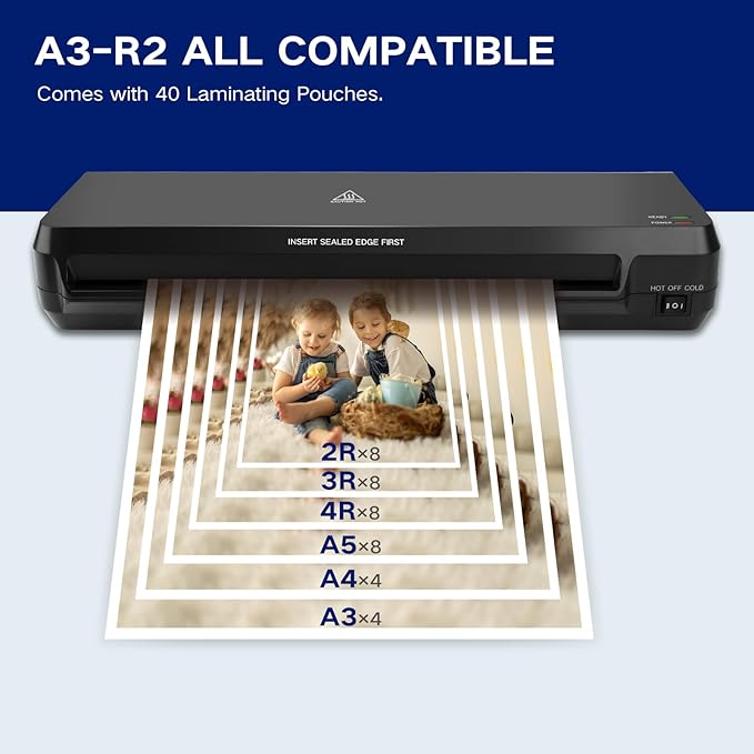 13 Inch A3 Laminator Machine, 7 in 1 Desktop Thermal Laminator, Never Jam with 40 Laminating Pouches, Paper Trimmer and Corner Rounder, Fast Warm-Up, Home Office School Use, Black