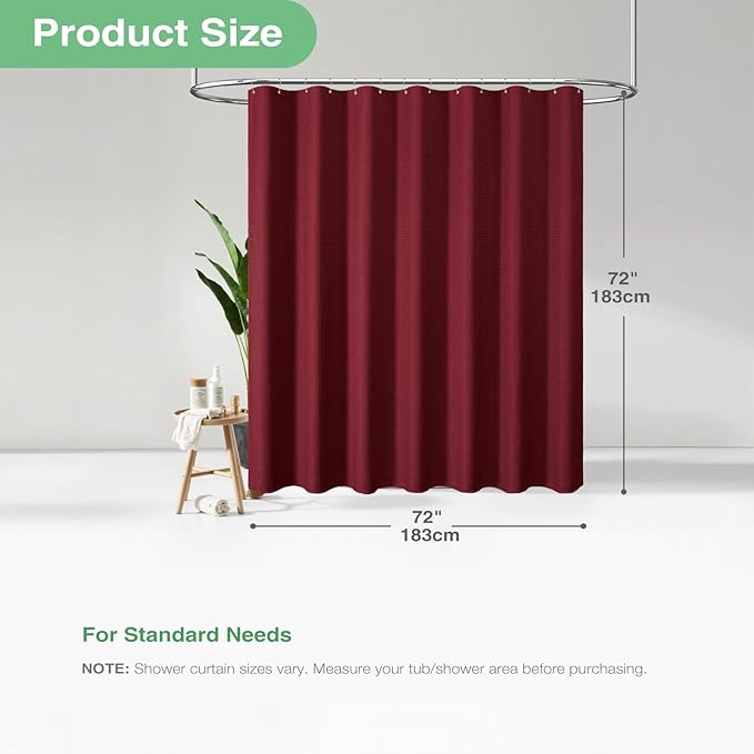 Dynamene Burgundy Fabric Shower Curtain - Waffle Weave Textured Heavy Duty Cloth Shower Curtains for Bathroom, 256GSM Hotel Luxury Weighted Bath Curtain Set with 12 Plastic Hooks,72x72, Burgundy