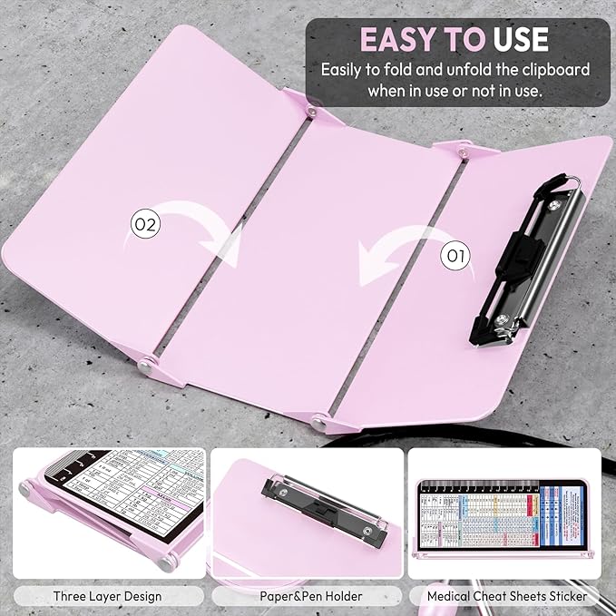 Nursing Clipboard Foldable, Foldable Clip Board w/Nursing Edition Medical Charts,3 Layers Aluminum, Nurse Note w/Low Profile Clip&Pen Clip for Students, Nurses and Doctors, Baby Pink