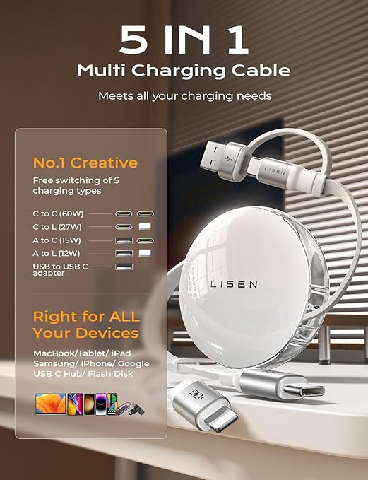 LISEN 5-in-1 Fast Charging Retractable Cable for iPhone, iPad, Samsung - 60W Charger with USB-C/A Ports for Phones, Tablets, White