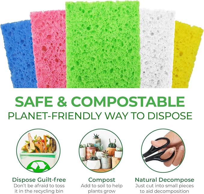 Biodegradable Cellulose Compressed Sponges - Pack of 16 Compostable Kitchen Pop Up Bulk - Non Scratch Multicolor Natural Dish Sponges - Heavy Duty Multipurpose Eco Friendly