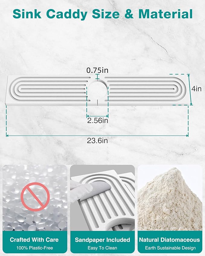 Stone Faucet Mat for Kitchen Sink, Diatomite Sink Protectors - Prevent Moisture Drying Stone Tray Fit Kitchen Counter & Bathroom Counter (White, 23.6" x 4")