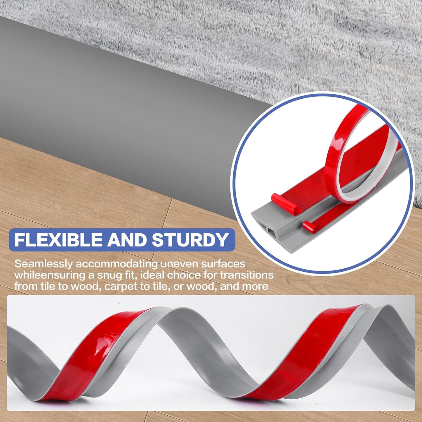 Floor Transition Strip Vinyl Door Threshold Ramp Self Adhesive Carpet Edging Strip Doorway Edge Trim, Overlap Edge Reducer for Laminate Carpet, Floor, Tile (Gray, 1/5" to 2/5", 3.3Ft)