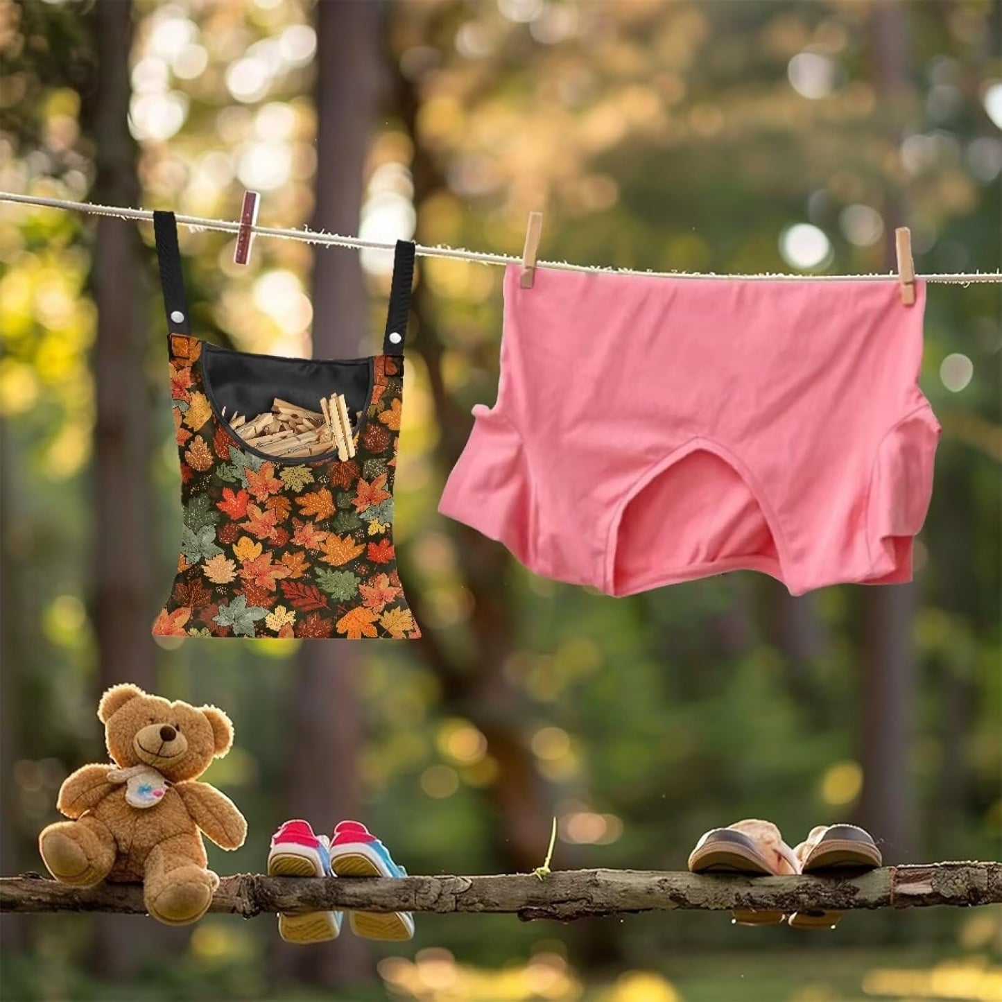 Fashion Maple Leaf Laundry Clothespin Holder Bag - 12x14.5 Inch Waterproof Hanging Organizer with Large Opening for Patio & Home