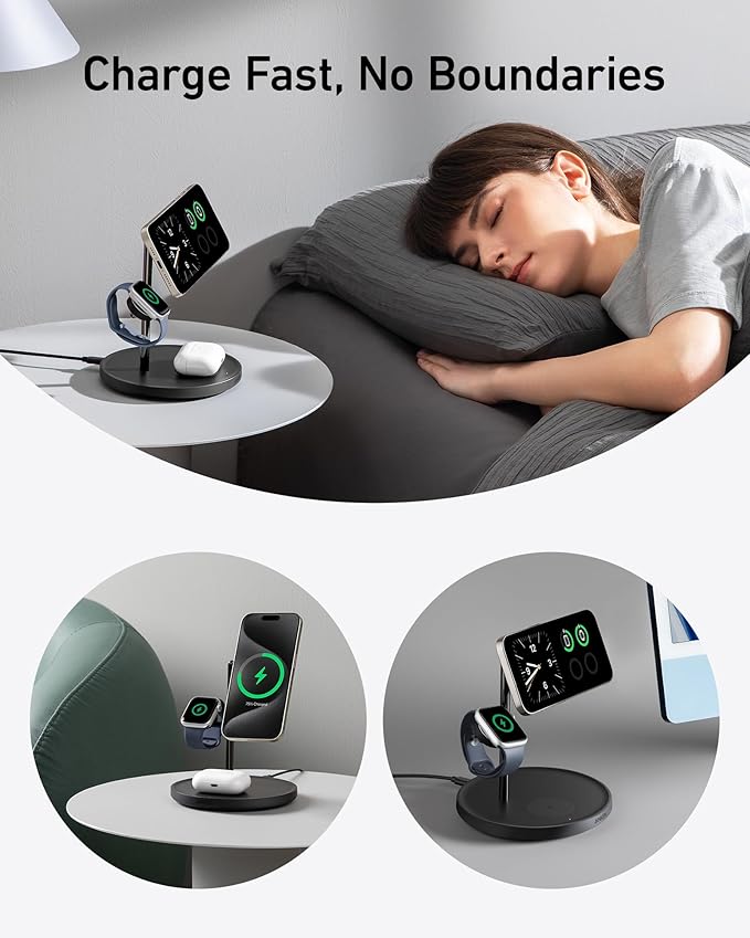 Anker MagSafe Charger Stand Compatible, iPhone 17 MagGo 3 in 1 Wireless Charging Station,Qi2 Certified 15W Wireless Charger, Desk Accessory, for iPhone 16/15/14/13 Series Apple Watch, AirPods