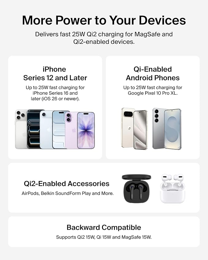 Belkin MagSafe Charger, Magnetic iPhone Charger w/ Qi2 25W, Fast Wireless Charging Pad w/Kickstand for iPhone 17 Series, Samsung Galaxy, Pixel 10, AirPods Pro, Travel - Adapter Included, Black