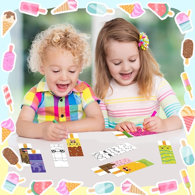 150Pcs Ice Cream Color Your Own Bookmarks for Kids Summer Ice Cream Theme DIY Coloring Blank Bookmark Classroom Art Craft Supplies for Teachers Students Birthday Gift Party Reward Goodie Fillers