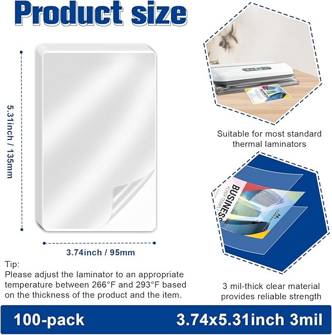 100 Pack 3 mil Index Card Laminating Pouches 3x5 File Card Laminating Pouches Lamination Pouches Recipe Card Laminating Pouches for Work Permits Pass Cards Student ID Cards