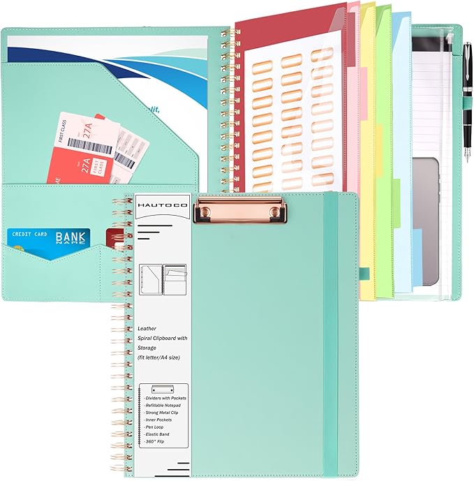 HAUTOCO Spiral Leather Clipboard Folio with Notepad (8.5 x 11''), 5 Folders with 10 Pockets, Storage Zipper Pouch, Pen Loop, 39 Stickers, Padfolio Organizer for Work School, Blue
