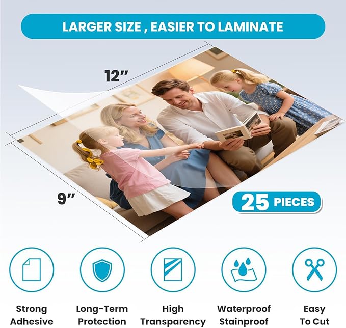 T&W SAME FILM 25 Pack Self Adhesive Laminating Sheets, 4mil, 9 x 12 Inch Laminator Sheets, Self Sealing Laminating Sheets for Laminator, Round Corner, No Heat, No Machine Needed-Waterproof