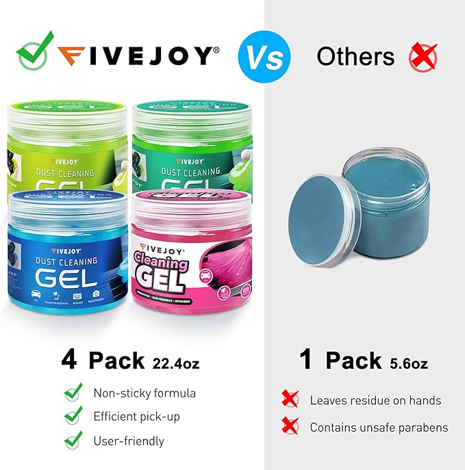 FiveJoy 4Pack Car Cleaning Gel, Car Putty for Cleaning for Cars Interior, Reusable & Durable Detailing Tools, Dust Clean Gel for Keyboard Vent Cleaner Multi-Color Cars Goop (640g/22.4oz)