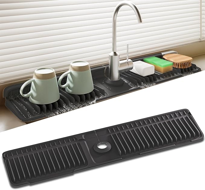 Faucet Mat for Kitchen Sink, 24 Inch Longer Silicone Sink Splash Guard, 7°Slope Fast Self-draining, Fast Drying Tidy Faucet Mat Splash Guard