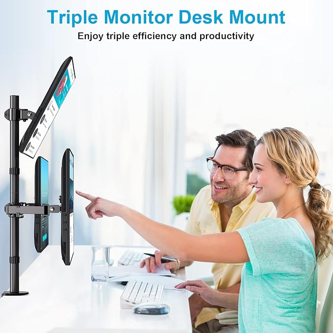MOUNTUP Triple Monitor Stand, Height Adjustable Monitor Desk Mount Fit for 17 to 32 Inch Computer Screens, Stacked Monitors Arm for 3 Monitors, with C-Clamp and Grommet Base, up to 17.6lbs per Arm