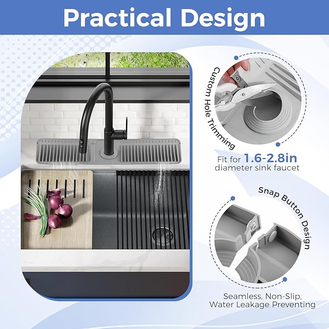 24" Silicone Faucet Mat for Kitchen Sink, 6° Slope Water Draining Mat, Kitchen Sink Splash Guard, Silicone Sink Protector for Kitchen Sink Bathroom Sink with Fasten Button, Dark Grey