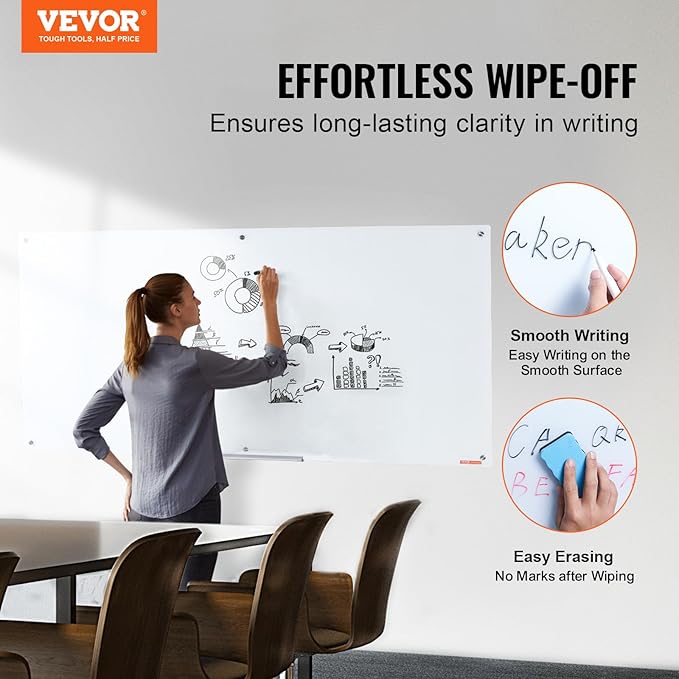 VEVOR Magnetic Glass Writing Board, Erasable 72"x36" Surface, Frameless Wall Installation, Includes Marker Holder, a Cleaning Tool, and 2 Writing Pens, White