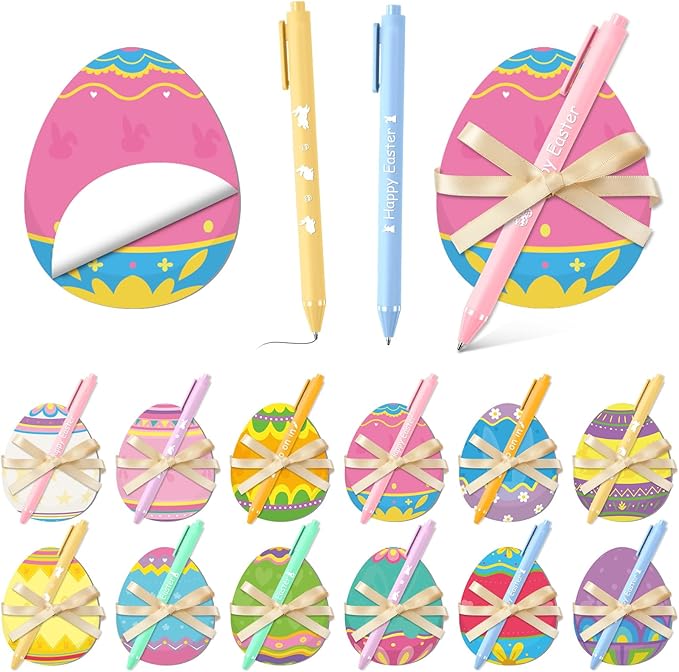 24 Set Easter Eggs Sticky Notes and Pens Set Easter Gifts Colorful Eggs Self Sticky Note Memo Pads with Pens for Classroom Office Supplies Goodies Bag Basket Stuffer Prizes
