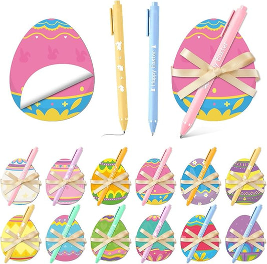 24 Set Easter Eggs Sticky Notes and Pens Set Easter Gifts Colorful Eggs Self Sticky Note Memo Pads with Pens for Classroom Office Supplies Goodies Bag Basket Stuffer Prizes