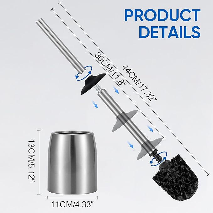 SUS304 Stainless Steel Toilet Brush and Holder Set Stain Nickle 12In Handle BristlesToilet Bowl Brush Cepillo para Baños Bathroom Brushes Cleaning Brush with Case Anti-Rust Brushed Silver