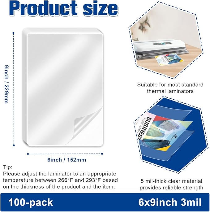 100 Pack Lamination Pouches 6" x 9" 3 mil Clear Index Card Laminating Pouches File Card Laminating Pouches Thermal Laminate Pouch Tags for Work Permits Pass Cards Student ID Cards