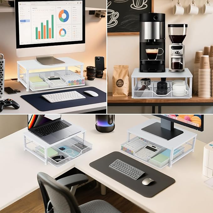 Small Laptop Stand for Desk, Monitor Stand Riser, Office Desk Accessories, Computer Desktop Stand with Drawer for Home, Office, School (White)