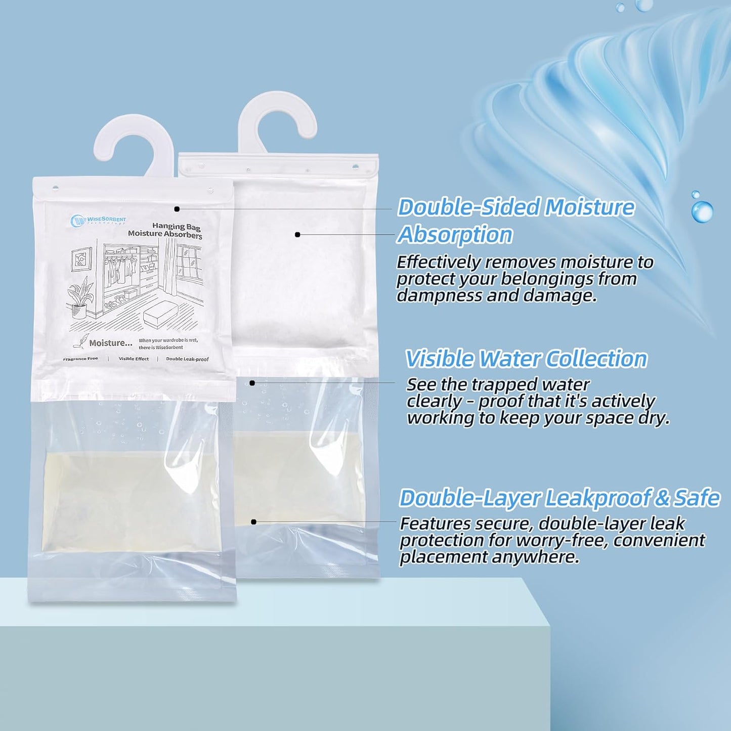 500 Gram Moisture Absorber Hanging Bags 3 Pack - 17.6 oz Fragrance-Free Large Dehumidifier for Closet, Bathroom, Bedroom – Double Leak-Proof Design & Dual-Sided Absorption