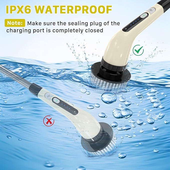 Electric Spin Scrubber, Cordless Cleaning Brush, Shower Scrubber with 7 Replaceable Brush, 2 Speeds and Adjustable Extension Handle for Bathroom Shower Bathtub Glass Car(Beige)