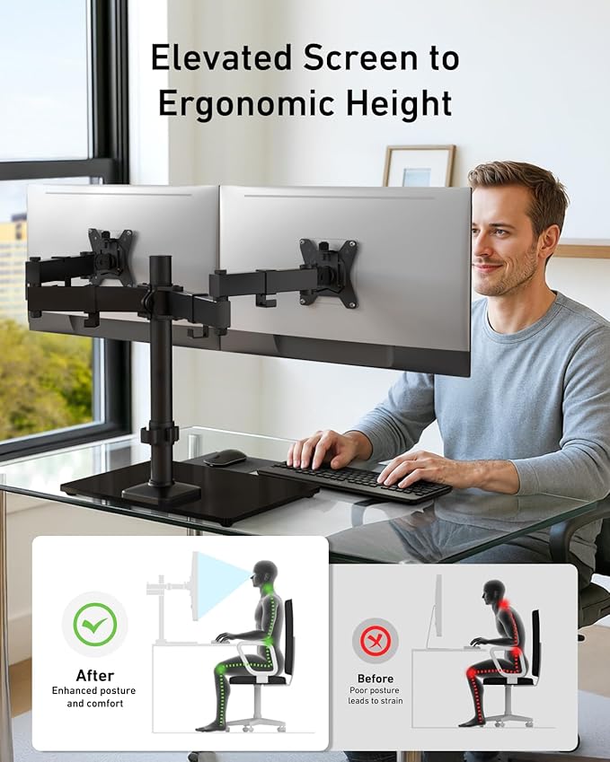 HUANUO Freestanding Dual Monitor Stand, 32 Inch Dual Monitor Mount for 2 Screens, Holds up to 19.8 lbs per Arm, Gaming Monitor Arm Riser with Tempered-Glass Base, Tilt, Swivel, Rotation, Black