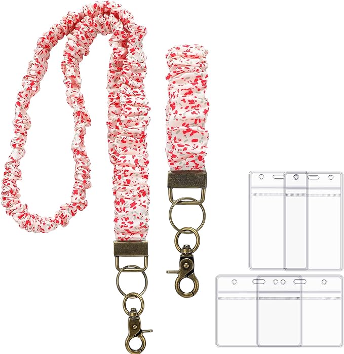 Marspark 2 Set Scrunchie Lanyards with 4 Card Holders for ID Badges and Keys Cute Stretchy Scrunchie Neck and Wrist Lanyards for Teacher Women Nurses School Office Supplies(Red White,Floral)