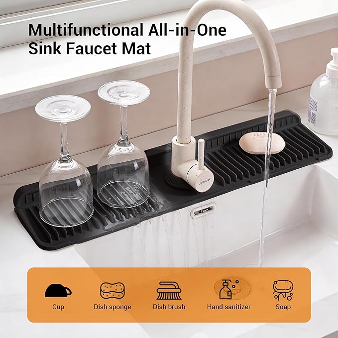 Faucet Mat for Kitchen Sink, 24"X5.5" Silicone Sink Splash Guard with Soap Holder, Snap-On Design & 7°slope Fast Drain, Folding Sink Faucet Mat for Universal Kitchen Bathroom Sink（Black）