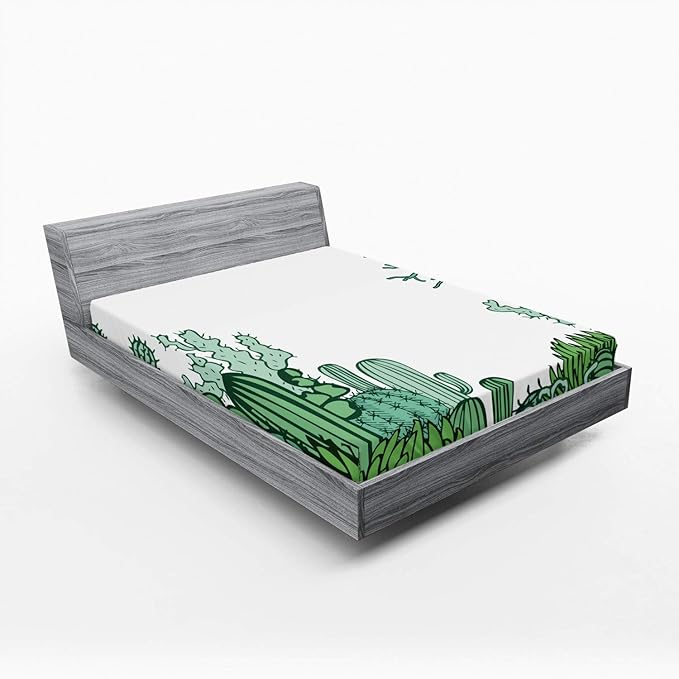 Ambesonne Cactus Fitted Sheet, Arizona Desert Themed Doodle Cactus Staghorn Buckhorn Ocotillo Plants, Bed Cover with All-Round Elastic Deep Pocket for Comfort, Full Size, Green Pale Green Seafoam