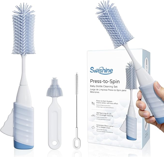 Bottle Brush Set, Innovative Efficient Press-to-Spin Brush Cleaner - Includes Silicone Baby Bottle Brush, Nipple Brush, Straw Cleaner - Spinning Generates Rich Foam for Deep Cleaning, Blue