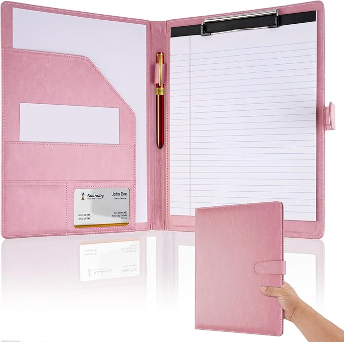 Professional Padfolio with Clipboard, Faux Leather Portfolio Folder Binder, Legal Pad Holder for A4 Letter Size Notepad, Resume, Writing, Ideal Organizer for Business Office Conference (Pink)