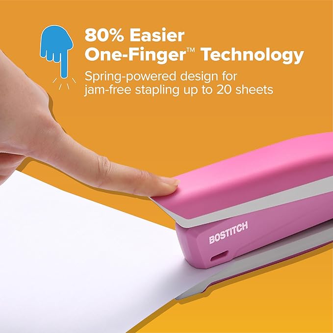Bostitch Office InPower Spring-Powered Desktop Stapler, 20 Sheet Capacity, One Finger Stapling, Includes 210 Staples, Jam Free, Opens for Tacking, Breast Cancer Awareness Pink