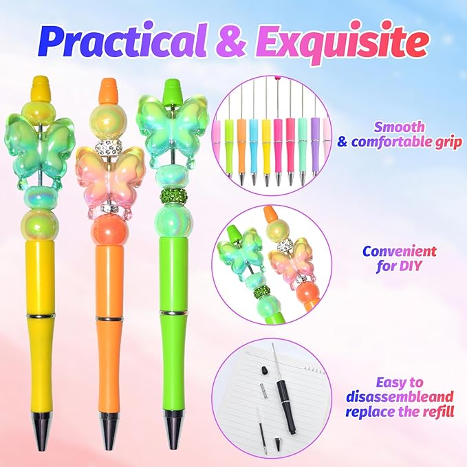 150 Pieces DIY Beadable Pen Kit – 50 Plastic Ballpoint Pens with Refills & Bags – School Supplies, Office Accessories & Decorative Items for Students & Teachers （Sweet）