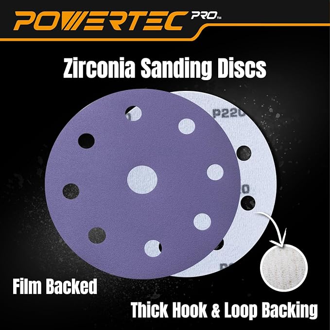POWERTEC PRO 45901Z 45PK, 5 Inch 9 Holes Assorted Sanding Disc & Abrasive Cleaning Stick, 80/120/220 Grit Zirconia Hook and Loop Backing Discs for Festool Orbital Sanders-Automotive, Metal,Woodworking