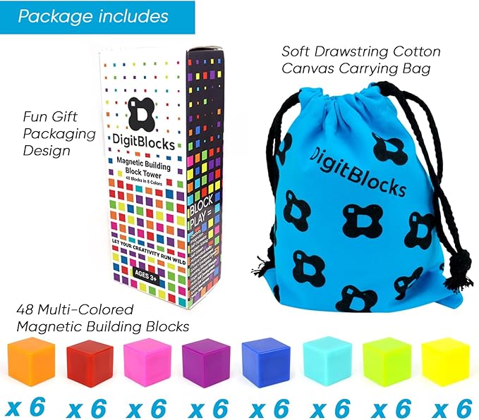 BrainSpark 48PCS Multi-Color DigitBlocks Magnetic Building Cubes STEM Montessori Magnet Blocks for Kids, Educational Building Block Construction Toy Set for Boys & Girls Ages 3-9
