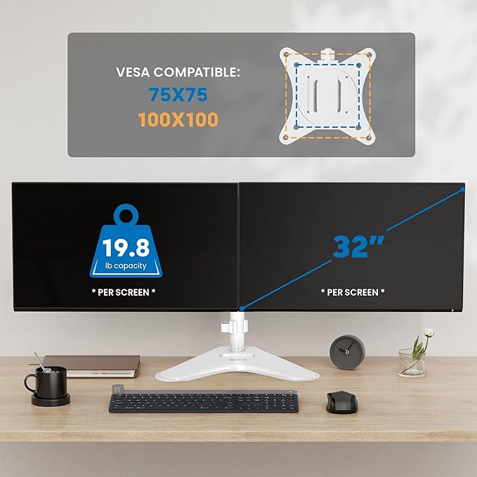 Mount-It! Dual Monitor Stand for Desk, Free Standing Monitor Stands for 2 Screens up to 19.8lbs per Arm, Fully Adjustable Dual Monitor Mount with Tilt, Swivel, Rotation with VESA 75 and 100, White