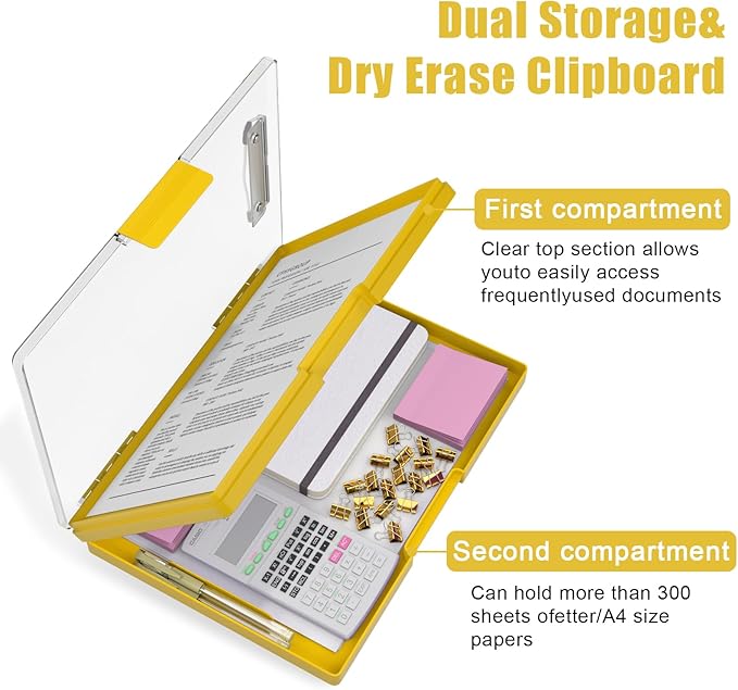 Hongri Clipboard with Storage, Yellow 8.5 x 11 Folder Nursing Side Opening, Heavy Duty with Dual Compartment, Smooth Writing for Teachers, Classroom, Size 13.3 x 9.4 x 1.5 in, Office & School Supplies