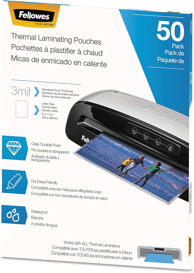 Fellowes 5744301 Thermal Laminating Pouches, 3 mil, 9-Inch x 11.5-Inch, Matte Clear, 50/Pack