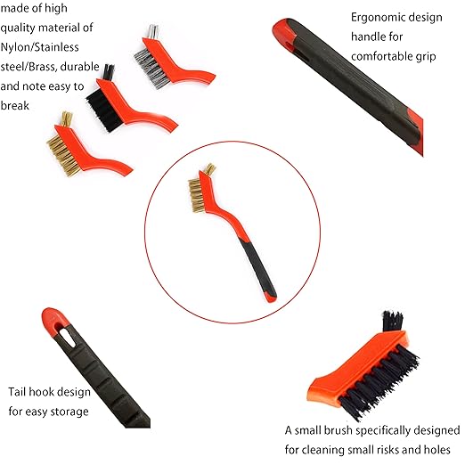 Small Wire Brushes Set for Cleaning Rust Removal in Holes, 3pcs Brass/Stainless Steel/Nylon Brushes