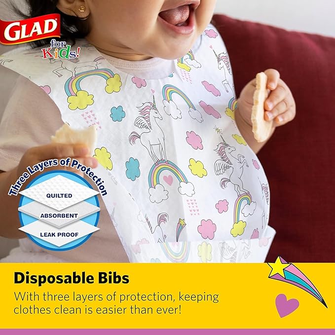 Glad for Kids Unicorn Disposable Paper Bibs with Crumb Catcher, Absorbent Leakproof Bibs for Toddlers and Babies, Mess Free Feeding, Crafts, Parties, and Travel Use, 30 Count - 24 Pack