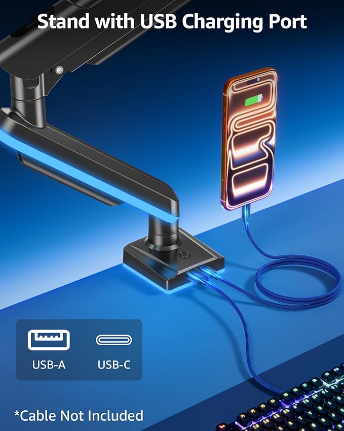 MOUNTUP RGB Single Monitor Arm Fits 32 27 24 22 inch, Holds 4.4-22lbs Screens, Monitor Stand for Desk with RGB Lights, 19 Modes, Computer Monitors Desk Mount, VESA Mount with Clamp & Grommet Bases