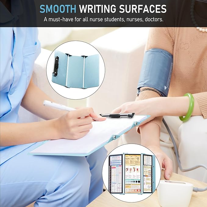Nursing Clipboard Foldable, Foldable Clip Board w/Nursing Edition Cheat Charts, 3 Layers Aluminum, Nurse Board w/Low Profile Clip&Pen Clip Pocket for Students, Nurses and Doctors, Mint