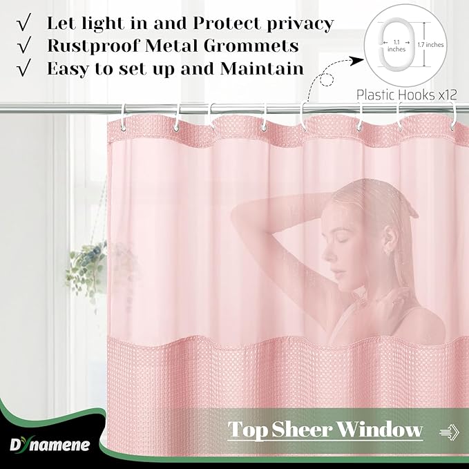 Dynamene Extra Long Shower Curtain, 84 Inch Long Waffle Fabric Shower Curtain for Bathroom, Tall Waterproof Cloth Shower Curtain Liner Set with Hook, Snap in Liner, Mesh Top Window, Pink, 72x84