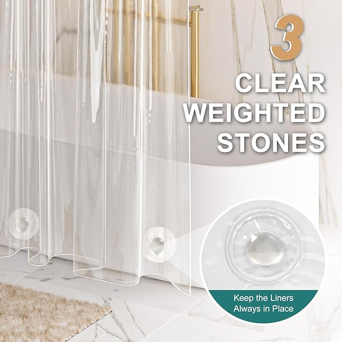 AmazerBath Heavy Duty Shower Curtain Liner 12 Gauge, 72 x 65 Inches Clear Shower Curtain Liner with 3 Clear Stones and 12 Grommet Holes, Weighted Plastic Shower Liner