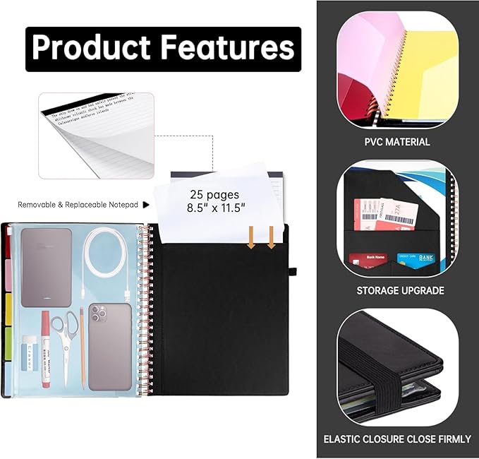 HAUTOCO Spiral Leather Clipboard Folio with Notepad (8.5 x 11''), 5 Folders with 10 Pockets, Storage Zipper Pouch, Pen Loop, 39 Stickers, Padfolio Organizer for Work School, Black