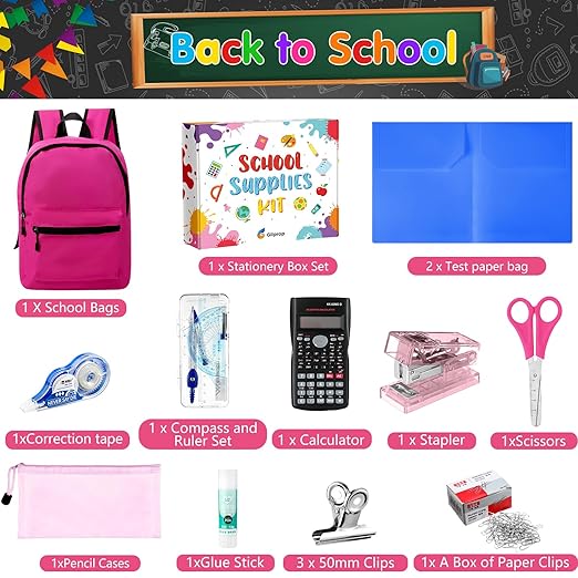 126 Pcs Christmas Middle High School Supplies Kit with Backpack for Student 7-12 Grades, School Supplies Bulk Bundle Essential Notebook Calculator for Xmas Holiday Gifts(Hot Pink Aesthetics)