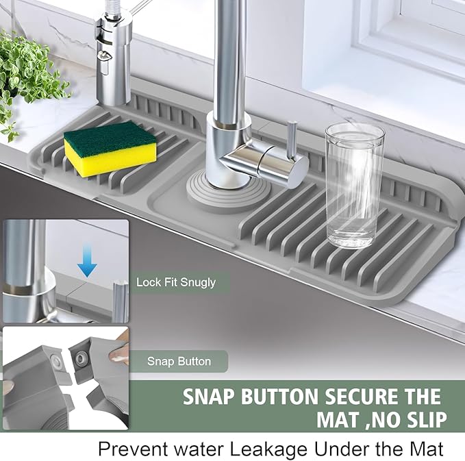 14.6-Inch Kitchen Sink Splash Guard Mat | 7° Slope for Fast Self-Draining | Snap-Lock Design | Universal & Cuttable Silicone Faucet Mat GRAY